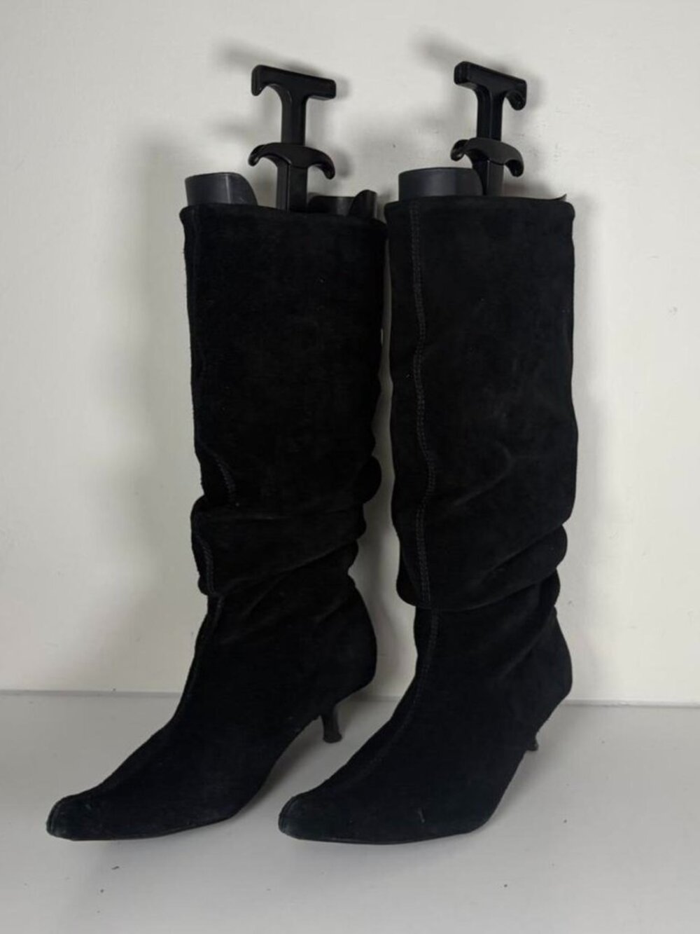 2000s Scrunched Black Suede Calf High Kitten Heel Boots